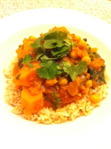 Pumpkin, Chickpea, and Spinach Curry on a bed of Brown Rice