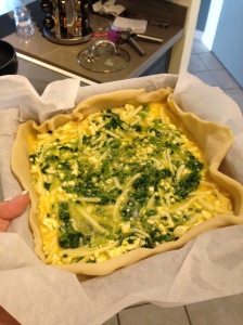 Spinach, Asparagus, and Feta Quiche prior to Baking